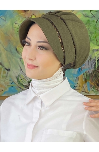 Nazlı Model Buckle Houndstooth Hijab Hat SBT26SPK16-11 Dark Khaki 26SPK16-11