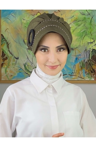 Nazlı Model Buckle Houndstooth Hijab Hat SBT26SPK16-01 Dark Khaki 26SPK16-01