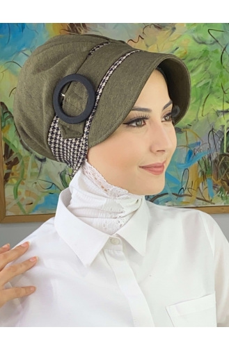 Nazlı Model Buckle Houndstooth Hijab Hat SBT26SPK16-01 Dark Khaki 26SPK16-01