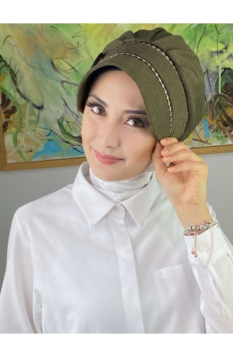 Nazlı Model Buckle Houndstooth Hijab Hat SBT26SPK16-01 Dark Khaki 26SPK16-01