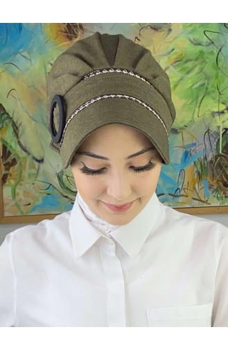 Nazlı Model Buckle Houndstooth Hijab Hat SBT26SPK16-01 Dark Khaki 26SPK16-01