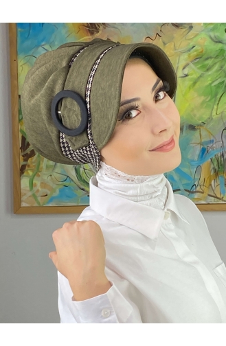 Nazlı Modèle Boucle Pied-de-poule Hijab Chapeau SBT26SPK16-01 Kaki Foncé 26SPK16-01