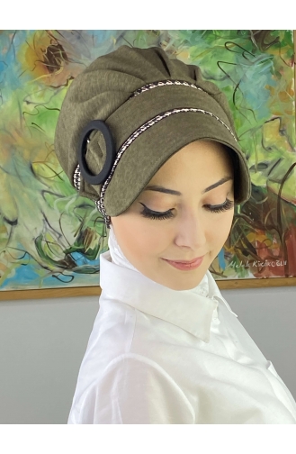 Nazlı Model Buckle Houndstooth Hijab Hat SBT26SPK16-01 Dark Khaki 26SPK16-01