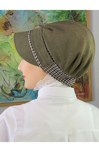 Nazlı Model Buckle Houndstooth Hijab Hat SBT26SPK16-01 Dark Khaki 26SPK16-01