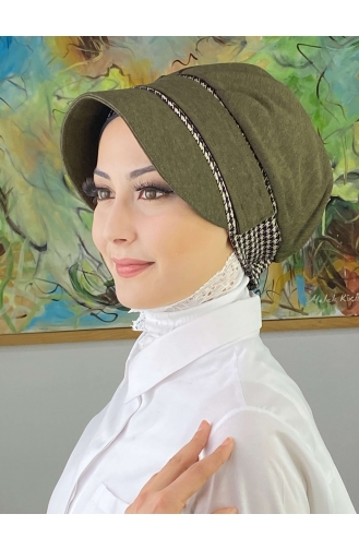 Nazlı Model Buckle Houndstooth Hijab Hat SBT26SPK16-01 Dark Khaki 26SPK16-01