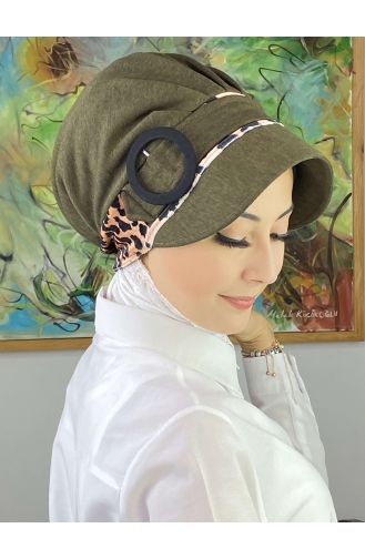 Nazlı Model Buckle Houndstooth Hijab Hat SBT26SPK16-02 Dark Khaki 26SPK16-02