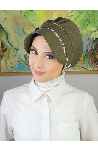 Nazlı Model Buckle Houndstooth Hijab Hat SBT26SPK16-02 Dark Khaki 26SPK16-02