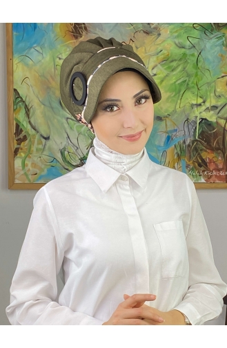 Nazlı Model Buckle Houndstooth Hijab Hat SBT26SPK16-02 Dark Khaki 26SPK16-02