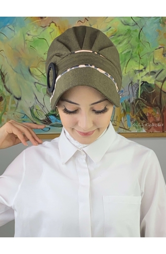 Nazlı Model Buckle Houndstooth Hijab Hat SBT26SPK16-02 Dark Khaki 26SPK16-02