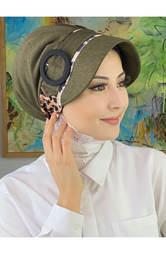 Nazlı Model Buckle Houndstooth Hijab Hat SBT26SPK16-02 Dark Khaki 26SPK16-02