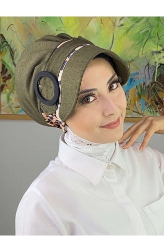 Nazlı Model Buckle Houndstooth Hijab Hat SBT26SPK16-02 Dark Khaki 26SPK16-02