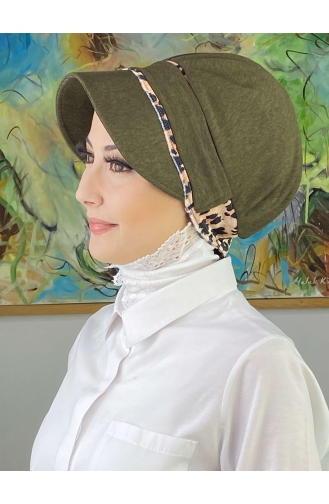 Nazlı Model Buckle Houndstooth Hijab Hat SBT26SPK16-02 Dark Khaki 26SPK16-02