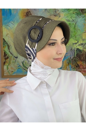 Nazlı Modèle Boucle Pied-de-poule Hijab Chapeau SBT26SPK16-03 Kaki Foncé 26SPK16-03