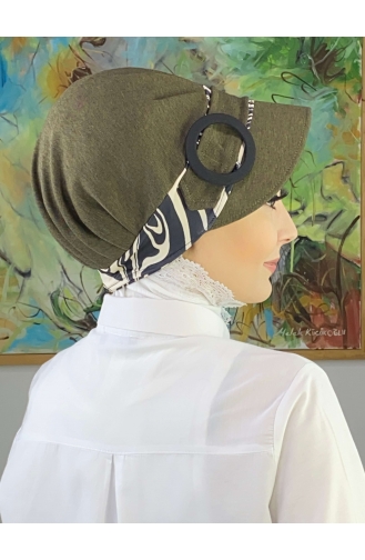 Nazlı Modèle Boucle Pied-de-poule Hijab Chapeau SBT26SPK16-03 Kaki Foncé 26SPK16-03