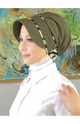 Nazlı Model Buckle Houndstooth Hijab Hat SBT26SPK16-04 Dark Khaki 26SPK16-04