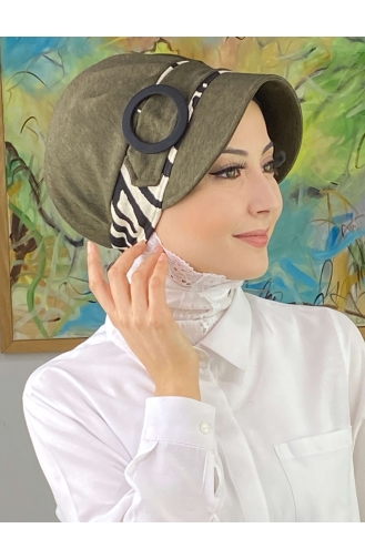 Nazlı Model Buckle Houndstooth Hijab Hat SBT26SPK16-04 Dark Khaki 26SPK16-04