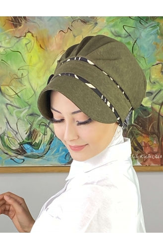 Nazlı Model Buckled Houndstooth Hijab Hat SBT26SPK16-05 Dark Khaki 26SPK16-05