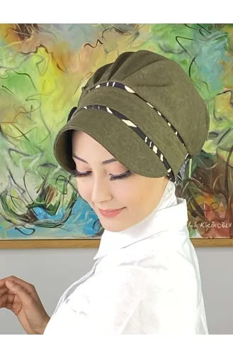 Nazlı Model Buckle Houndstooth Hijab Hat SBT26SPK16-05 Dark Khaki 26SPK16-05