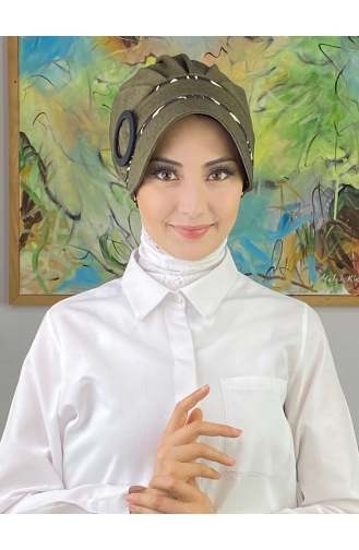 Nazlı Model Buckled Houndstooth Hijab Hat SBT26SPK16-05 Dark Khaki 26SPK16-05