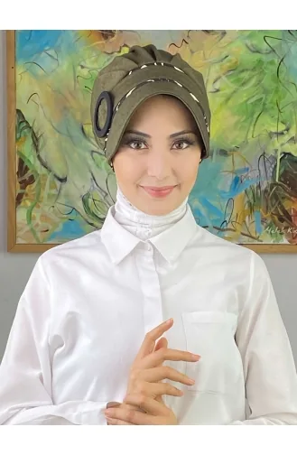 Nazlı Model Buckle Houndstooth Hijab Hat SBT26SPK16-05 Dark Khaki 26SPK16-05