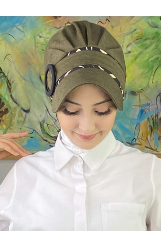 Nazlı Model Buckled Houndstooth Hijab Hat SBT26SPK16-05 Dark Khaki 26SPK16-05