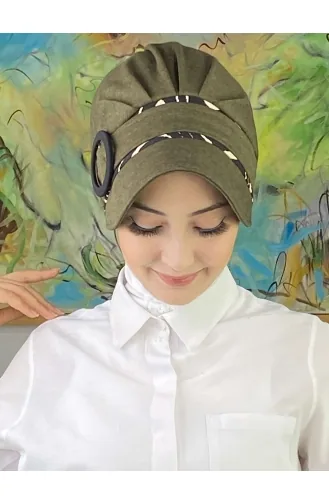 Nazlı Model Buckle Houndstooth Hijab Hat SBT26SPK16-05 Dark Khaki 26SPK16-05