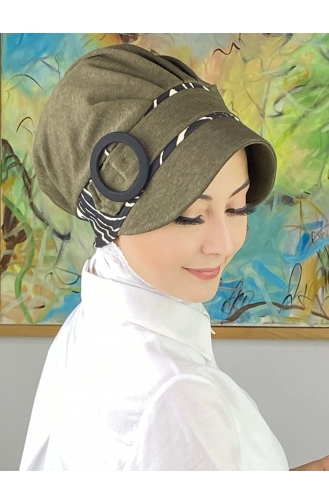 Nazlı Model Buckled Houndstooth Hijab Hat SBT26SPK16-05 Dark Khaki 26SPK16-05