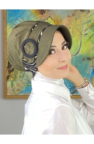 Nazlı Model Buckled Houndstooth Hijab Hat SBT26SPK16-05 Dark Khaki 26SPK16-05