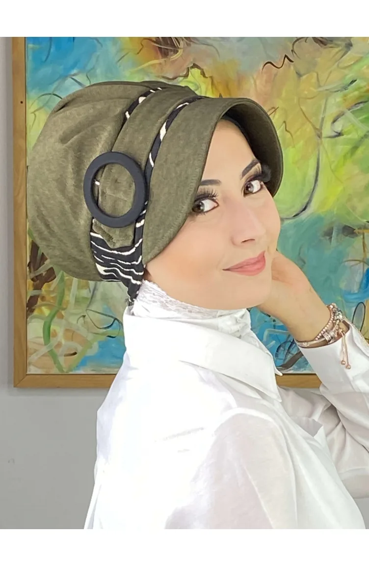 Nazlı Model Buckle Houndstooth Hijab Hat SBT26SPK16-05 Dark Khaki 26SPK16-05
