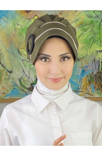 Nazlı Model Buckled Houndstooth Hijab Hat SBT26SPK16-06 Dark Khaki 26SPK16-06