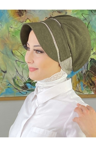 Nazlı Model Buckled Houndstooth Hijab Hat SBT26SPK16-06 Dark Khaki 26SPK16-06