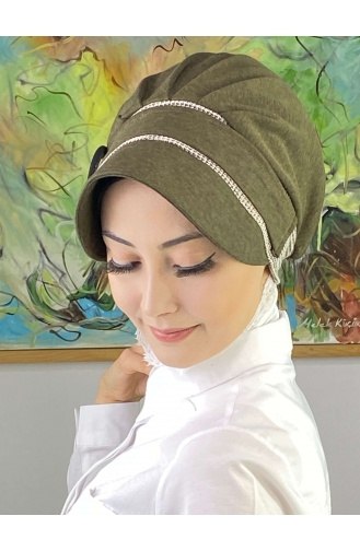 Nazlı Model Buckled Houndstooth Hijab Hat SBT26SPK16-06 Dark Khaki 26SPK16-06
