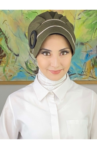 Nazlı Model Buckled Houndstooth Hijab Hat SBT26SPK16-06 Dark Khaki 26SPK16-06