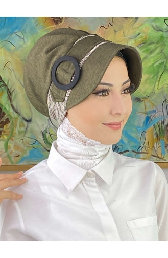Nazlı Model Buckled Houndstooth Hijab Hat SBT26SPK16-06 Dark Khaki 26SPK16-06