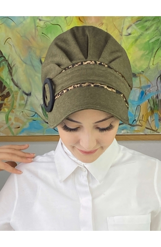 Nazlı Model Buckle Houndstooth Hijab Hat SBT26SPK16-07 Dark Khaki 26SPK16-07