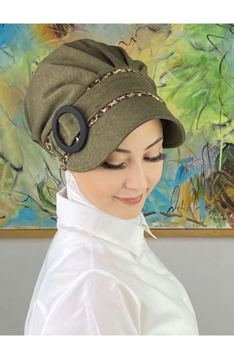Nazlı Model Buckle Houndstooth Hijab Hat SBT26SPK16-07 Dark Khaki 26SPK16-07