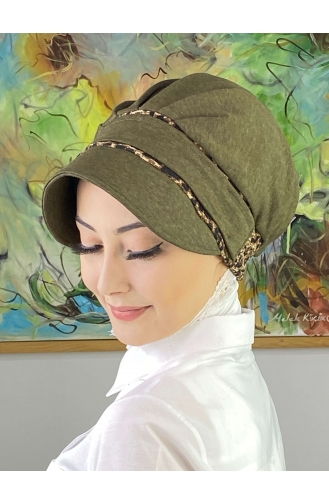 Nazlı Model Buckle Houndstooth Hijab Hat SBT26SPK16-07 Dark Khaki 26SPK16-07