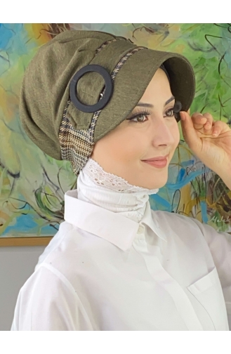 Nazlı Model Buckle Houndstooth Hijab Hat SBT26SPK16-08 Dark Khaki 26SPK16-08