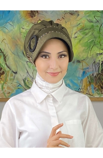 Nazlı Model Buckle Houndstooth Hijab Hat SBT26SPK16-08 Dark Khaki 26SPK16-08