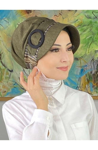 Nazlı Model Buckle Houndstooth Hijab Hat SBT26SPK16-08 Dark Khaki 26SPK16-08