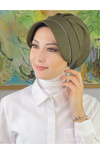 Nazlı Model Buckle Houndstooth Hijab Hat SBT26SPK16-09 Dark Khaki 26SPK16-09