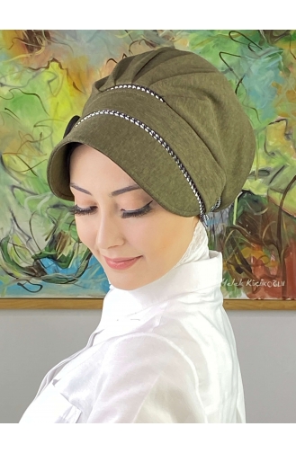 Nazlı Model Buckle Houndstooth Hijab Hat SBT26SPK16-09 Dark Khaki 26SPK16-09