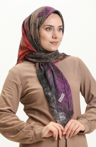 Desenli Flamlı Eşarp 13225-10 Eflatun Vizon