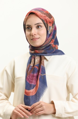 Desenli Flamlı Eşarp 13226-13 Saks Sütlü kahve
