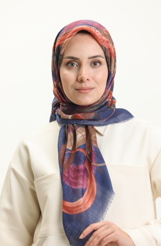 Desenli Flamlı Eşarp 13226-13 Saks Sütlü kahve