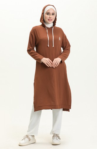 Aerobin Kumaş Kapüşonlu Tunik Pantolon İkili Takım 70009-04 Kahverengi
