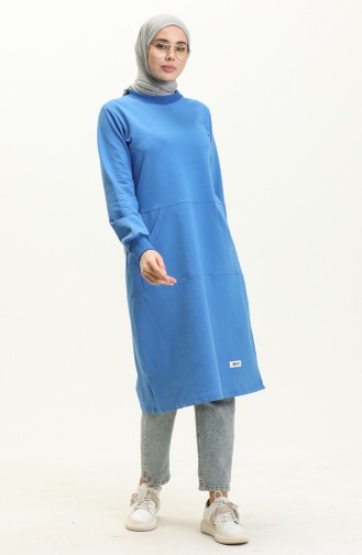 Elif Okur Tesettür Cepli Uzun Tunik 110Cm Okyanus Mavi 1401