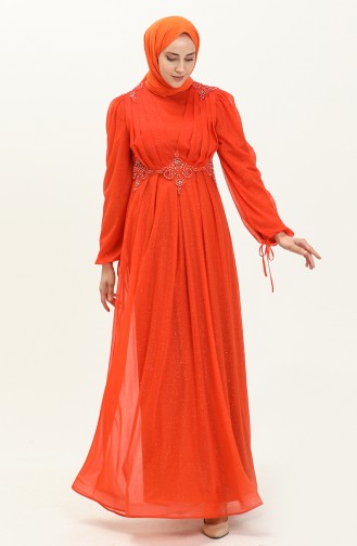 Brick Red Hijab Evening Dress 14445