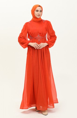 Brick Red Hijab Evening Dress 14445