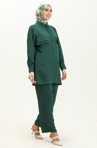 Cep Detaylı Tunik Pantolon İkili Takım 5556-04 Zümrüt Yeşil